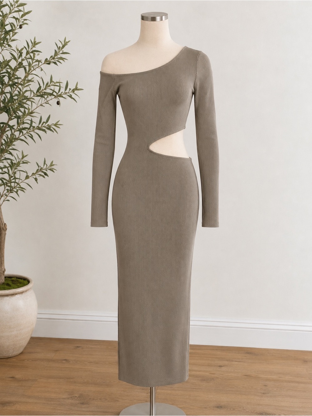 Camila Coelho One-Shoulder Cutout Ribbed Midi Dress - Taupe
